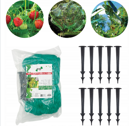 SIATKA OCHRONNA PRZECIW PTAKOM UV DUŻA DO OGRODU 8x20M 35x35 + 16 SZPILEK